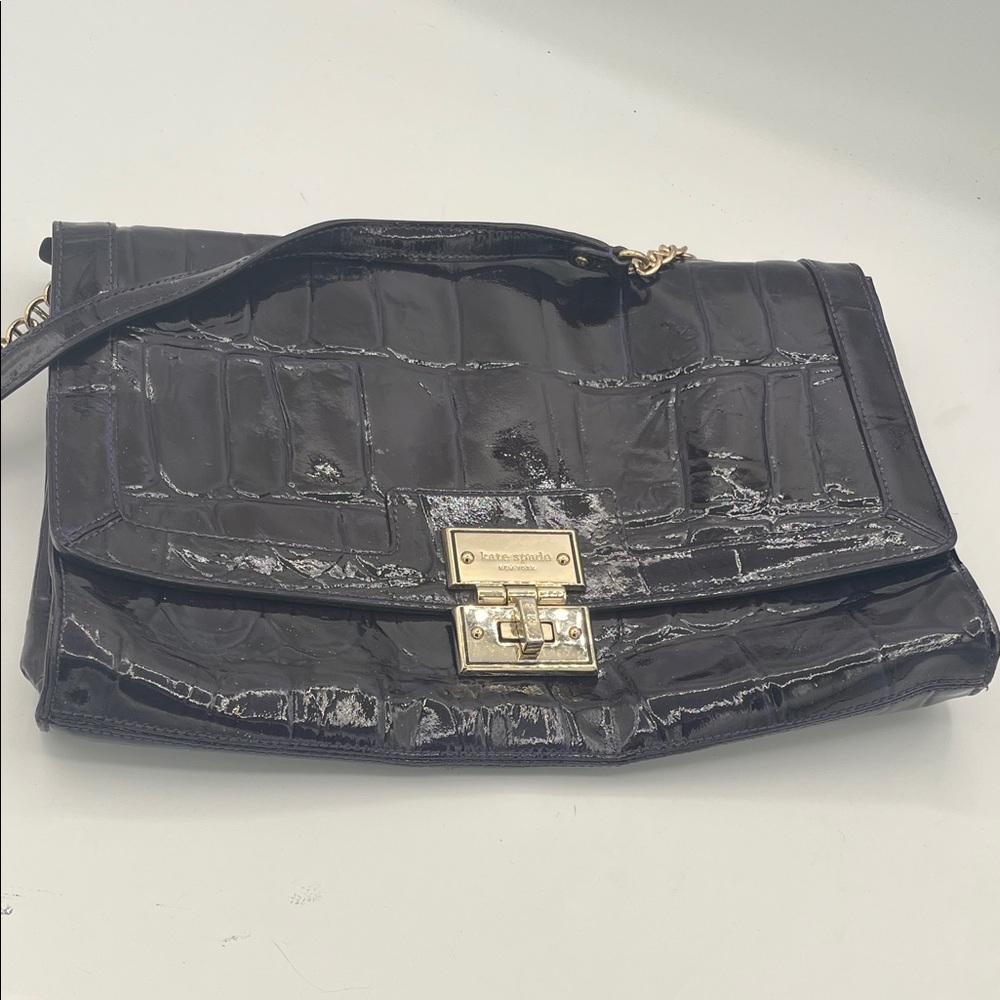 Kate Spade Glossy Dark Purple Croc-Embossed Shoulder Bag With Gold Details